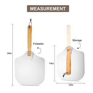 12 Inch x 14 Inch Aluminum Metal Pizza Peel, Pizza Paddle for Baking Homemade Pizza and Bread with Foldable Wood Handle for Easy Storage, for Any Outdoor Or Indoor, Oven or Grill Use (Wood)