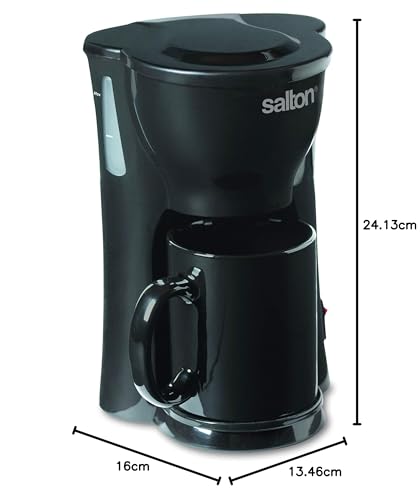 Salton 1 Cup Mini Single Serve Coffee Maker with Reusable Mesh Filter, With Bonus Ceramic Mug for Home or Office, Compact 10 Oz, Black (FC1205)
