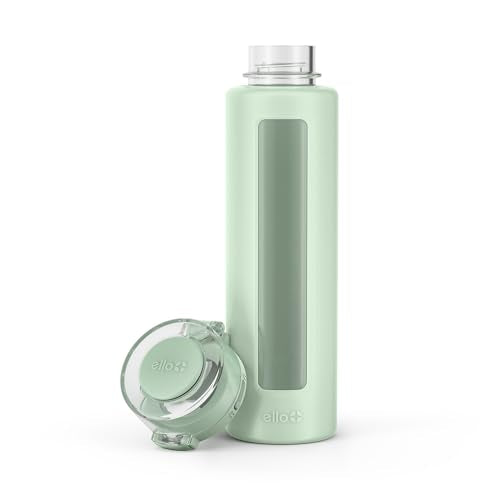 Ello Syndicate 20oz Reusable Glass Water Bottle with One-Touch Leak Proof Flip Lid, Protective Non-Slip Silicone Sleeve, Carry Loop for Coffee, Tea and Water, BPA-free, Dishwasher Safe, Sage