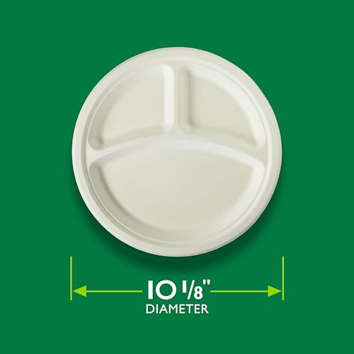 Hefty™ ECOSAVE Compostable Disposable 3-Compartment Paper Plates Dinner 10", 80 Count, White, Divided Plate so sauces and Foods Stay Where You Want Them to