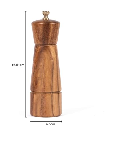 DeroTeno Pepper Grinder, Pepper Mill with Adjustable Stainless Steel, Acacia Wood, 16.5 cm / 6 inch Height, Bottom Dia: 5 cm, Upper Dia: 4.5 cm (Tray is NOT Included)