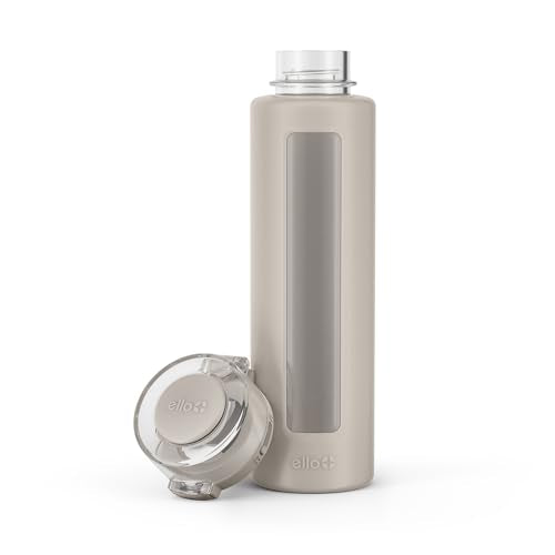 Ello Syndicate 20oz Reusable Glass Water Bottle with One-Touch Leak Proof Flip Lid, Protective Non-Slip Silicone Sleeve, Carry Loop for Coffee, Tea and Water, BPA-free, Dishwasher Safe, Sand