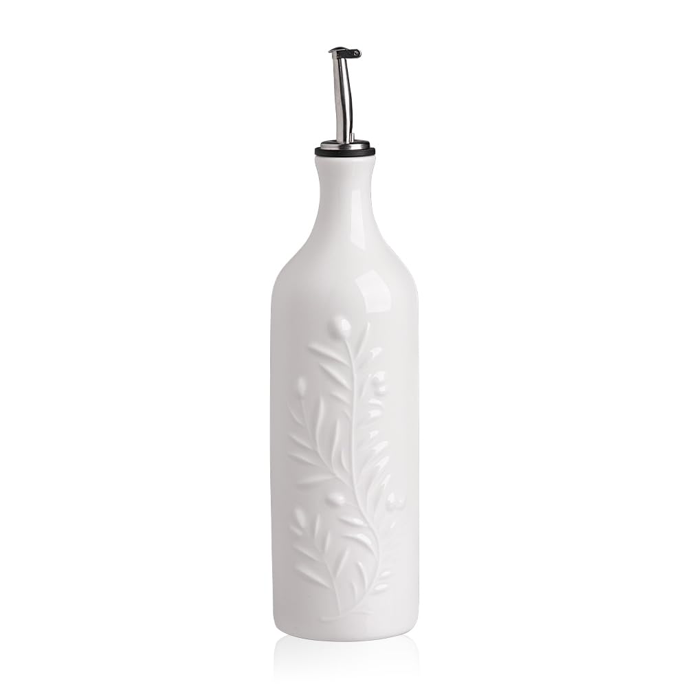Sweejar Large Olive Oil Dispenser Bottle with Spout, 24 Oz Ceramic Oil Dispenser for Kitchen, Relief Opaque Oil Cruet, Oil Container for Cooking, EVOO, Avocado Oil, Vinegar, Pack of 1(White)