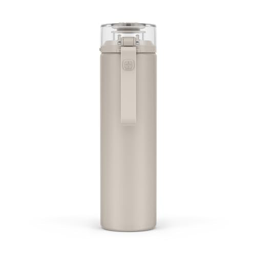 Ello Syndicate 20oz Reusable Glass Water Bottle with One-Touch Leak Proof Flip Lid, Protective Non-Slip Silicone Sleeve, Carry Loop for Coffee, Tea and Water, BPA-free, Dishwasher Safe, Sand