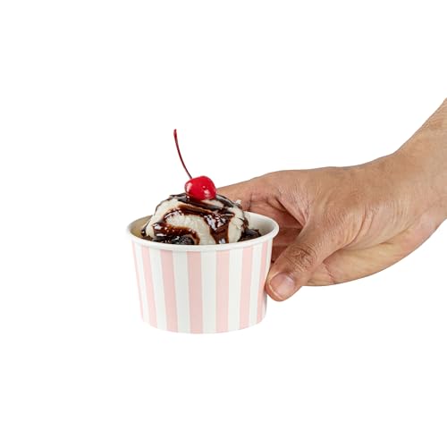 Coppetta 5-Ounce Dessert Cups, 50 Disposable Ice Cream Cups - Lids Sold Separately, Striped, Pink and White Paper FroYo Bowls, for Hot and Cold Foods, Perfect for Gelato Or Mousse - Restaurantware