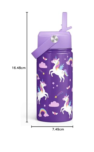 Unicorn Kids Water Bottle With Straw Lid 12oz Insulated Stainless Steel, Travel Tumbler, Unicorn Gifts for Girls, Birthday, Christmas, Back To School