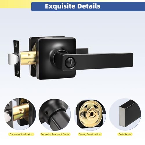 GOBEKOR 1 Pack Interior Privacy Door Handle with Lock Matte Black Door Lever for Bathroom and Bedroom Square Door Handle Indoor Matte Black Reversible Keyless Turn Lock