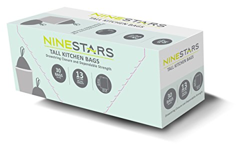 NINESTARS NSTB-13-30 Extra Strong White Trash Bag w/Drawstring Closure, 13 Gal. / 49 L., 30 count, Packaging may vary
