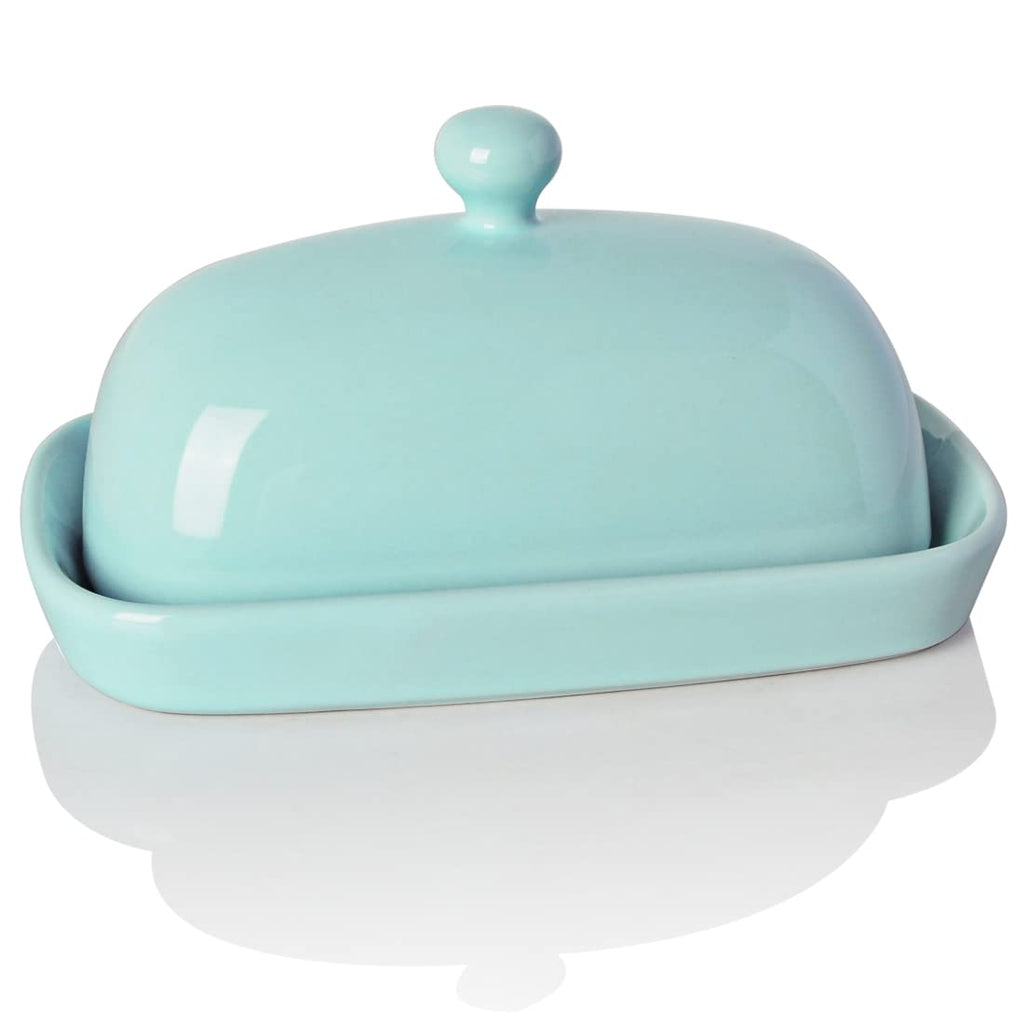Sweejar Ceramic Butter Dish with Lid, Butter Keeper Container, East/West Coast Butter, 7 inches Butter Storage for Countertop (Turquoise)
