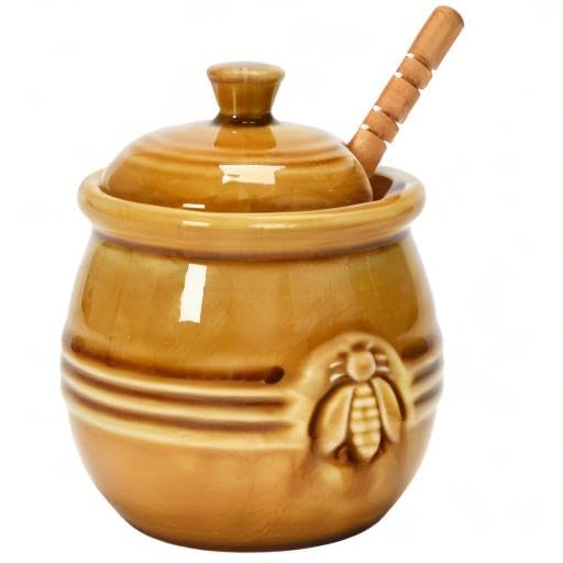 Creative Co-Op Farmhouse Embossed Stoneware Honey Pot with Wood Honey Dipper, Amber Orange