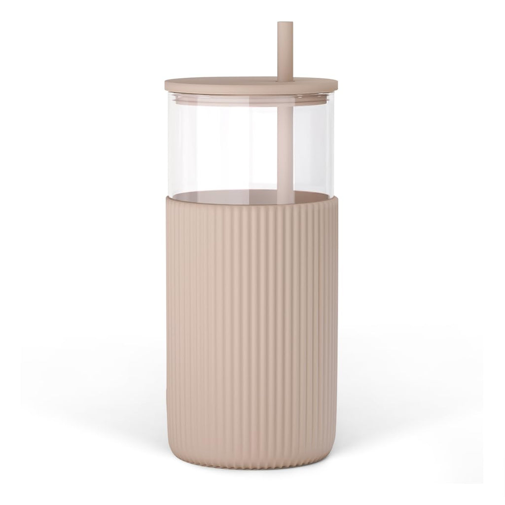 SANDJEST Glass Tumbler with Straw and Lid, Glass Water Bottle with Silicone Sleeve 20oz, Smoothie, Iced Coffee Cup, Gifts for Women Teen Girls Birthday Christmas (Light Brown)