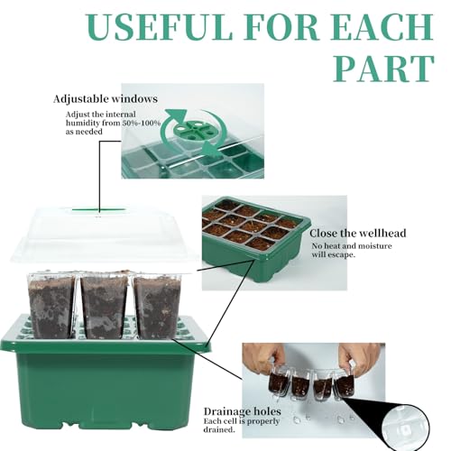 10 Pack 120 Cells Seed Starter Trays with Ventilation Holes - Reusable Seedling Starter Kit for Vegetables, Herbs, Flowers - Indoor Gardening, Plant Germination & Seed Starting (Green)