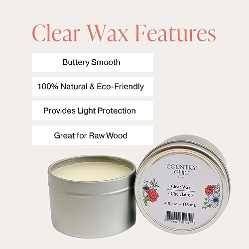 Furniture Wax - 100% Natural Sealant for Chalk Furniture Paint or Raw Wood, Light Protection, Easy To Apply, No Odor, Eco-Friendly - 7 Color Choices - Clear (4 oz)