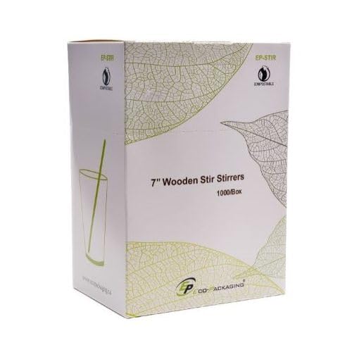 Eco-Packaging 7" Compostable Birch Wood Coffee Beverage Stirrers, Case of 1000