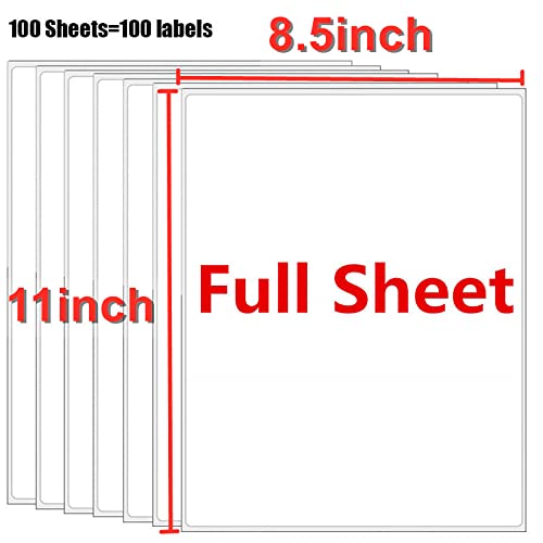8.5" x 11" Labels Full Page Labels, Permanent Adhesive Full Sheet Shipping Labels Paper for Laser/Inkjet Printers, Letter Size, 100 Labels