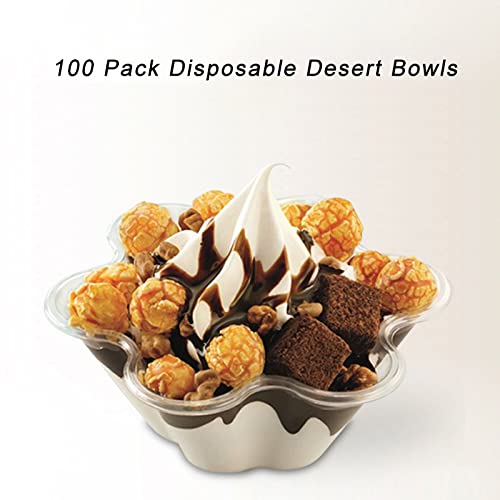 SOUJOY 100 Pack Clear Dessert Cups, 8 oz Disposable Ice Cream Bowls, Flower Shape Serving Bowl for Party, Sundae, Chocolate, Appetizers, Snack