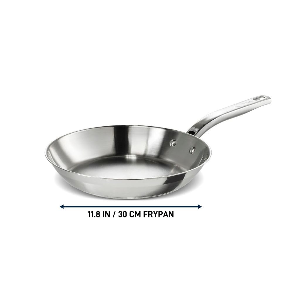 T-FAL Stainless, Frypan Skillet,30 cm, Premium Grade 18/10 Stainless Steel, Encapsulated Base, with Interior Measuring Marks, Induction Safe, Oven-Safe up to 500˚F, Silver