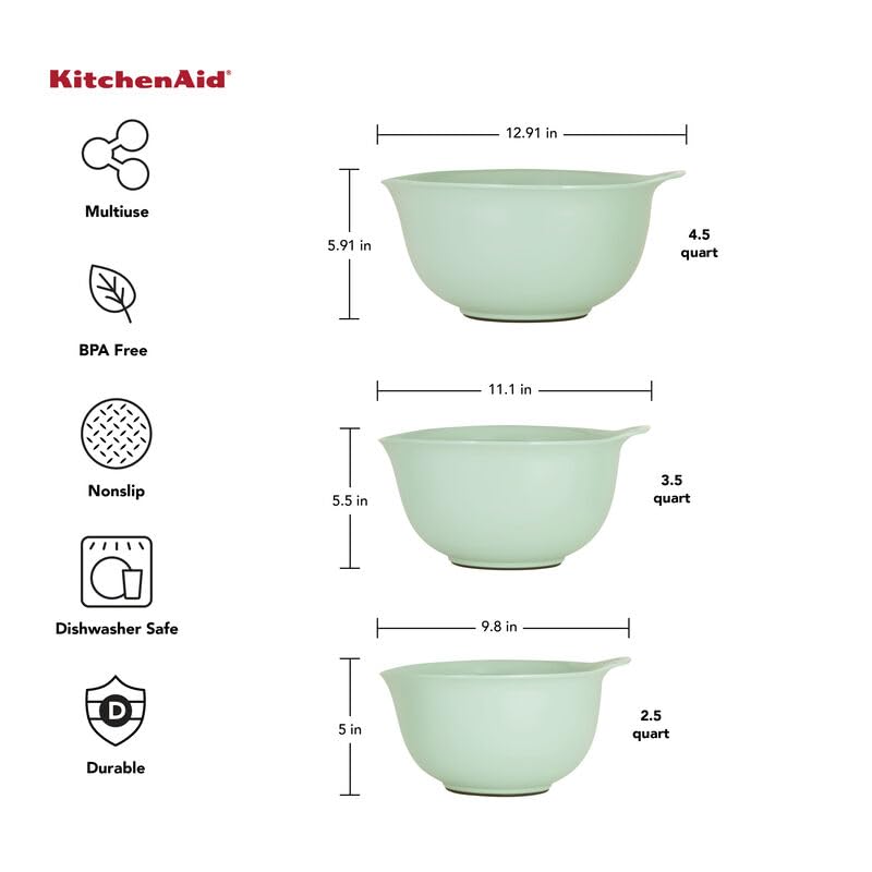 KitchenAid - Mixing Bowls, 3-Piece Nesting Mixing Bowl Set with Non-Slip Bases and Pour Spouts (Pistachio)