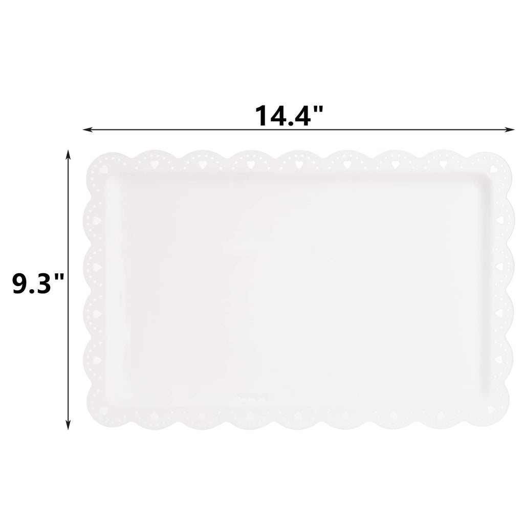 Peohud 12 Pack White Plastic Serving Food Tray, Disposable Serving Platters with Lace Rim, Rectangle Food Trays, Disposable Serving Platters and Trays for Party, Wedding, Restaurant, 14.4" x 9.3"