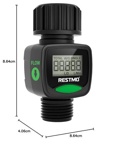 RESTMO Water Flow Meter, High Measure Accuracy, Measure Gallon/Liter Consumption and Flow Rate for Outdoor Garden Hose Watering, RV Water Tank Filling, Lawn Sprinkler and Nozzle Sprayer