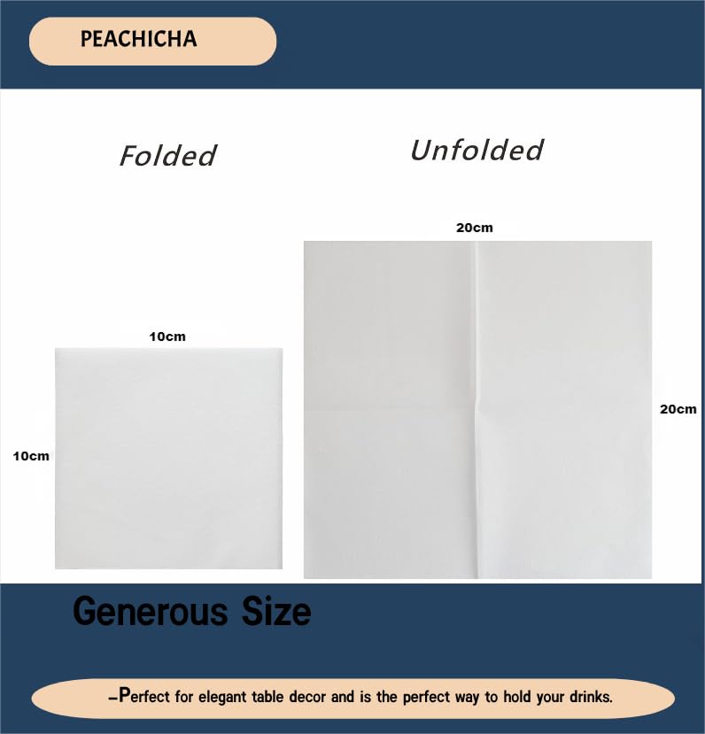 PEACHICHA Cocktail Napkin,Disposable Beverage Bar Napkins Cloth-Like Paper Napkins, Linen-Feel Great for Wedding, Party,Or Everyday Use, 20 x 20cm (100 Count, White)