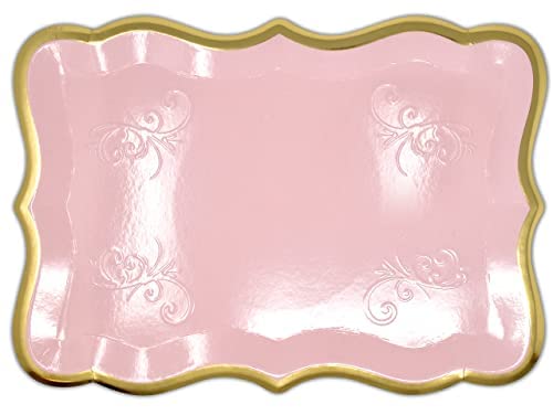 10 Pink Rectangle Trays with Gold Rim Border for Elegant Dessert Table Serving Parties 9" X 13" Disposable Paper Cardboard Platters for Cupcake Display Wedding Baby Shower & Birthday Party Food Safe