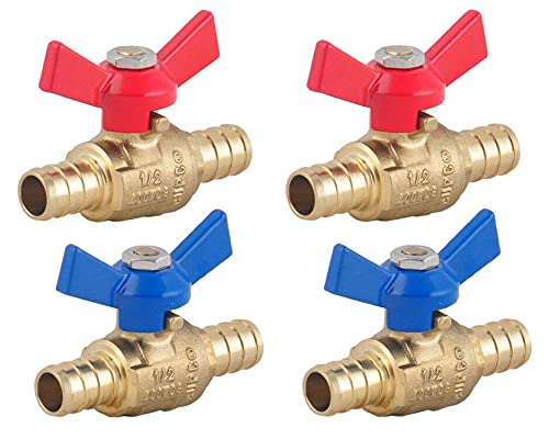PEX Brass Ball Valve, 1/2-in PEX Lead Free Brass Shut Off Ball Valve with Red & Blue T (Butterfly) Handle, PEX Barb Water Valve with cUPC Certified for Cold and Hot Water (4-Pack)
