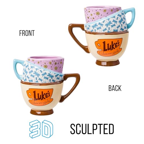 Silver Buffalo Gilmore Girls Stars Hollow Destination Locations: Luke’s Diner, Doose’s Market, and Dragonfly Inn Ceramic 3D Sculpted Stacked Teacup Mug, 20 Ounces