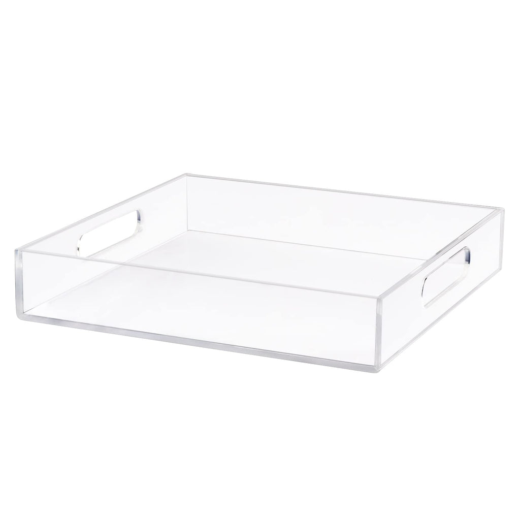 Acrylic Serving Tray 12x12 Inch, Clear Rectangular Tray with Handle, Decorative Ottoman Organizer for Appetizer, Breakfast, Coffee Table, Countertop, Bathroom