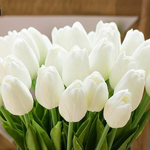 DecoForU 15 Pcs Artificial Flowers Tulips Real Touch Fake Flowers Tulips Flowers Arrangement Bouquet for Home Room Office Wedding Party Decoration(WH) (White)