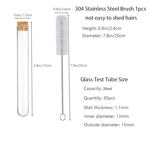 30pcs 20ml Glass Test Tubes 15 x 150mm with Cork Stoppers and Brush for Scientific Experiments and Plant Propagation Test Tubes