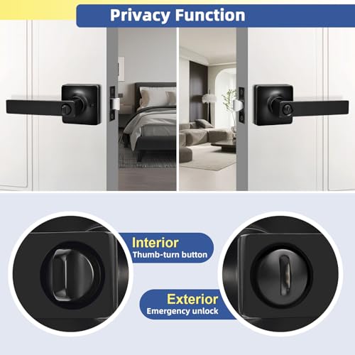 GOBEKOR 1 Pack Interior Privacy Door Handle with Lock Matte Black Door Lever for Bathroom and Bedroom Square Door Handle Indoor Matte Black Reversible Keyless Turn Lock