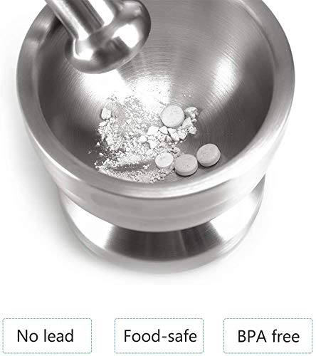 Tera 18/8 Stainless Steel Mortar and Pestle with Brush,Pill Crusher,Spice Grinder,Herb Bowl,Pesto Powder 250ml