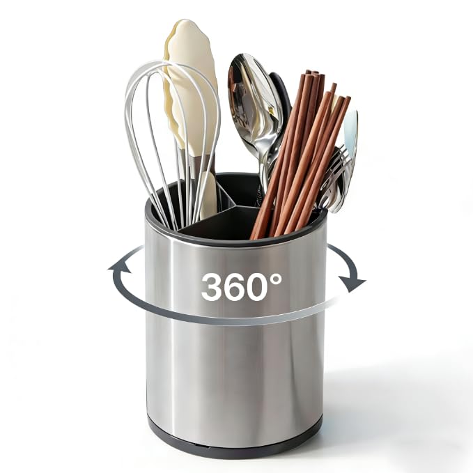 Utensil Holder Kitchen Utensil Holder 360° Rotating Stainless Utensil Holder For Counter Kitchen Utensil Organizer Detachable Base