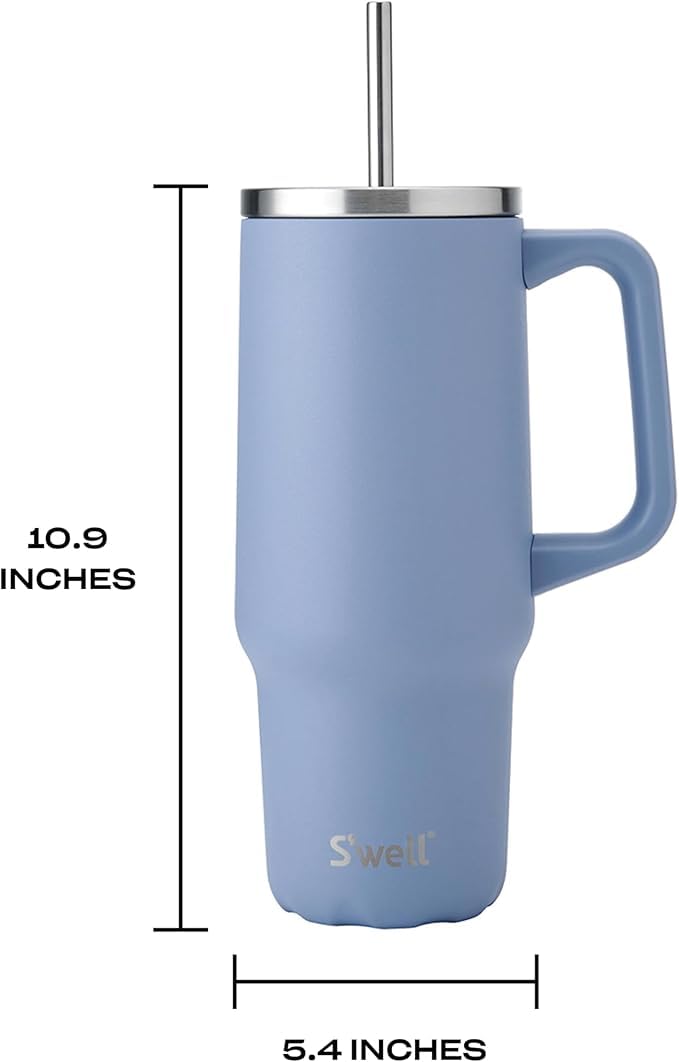 S'well - Recycled Stainless Steel Tumbler XL with Straw and Handle, Triple Layered Vacuum Insulated Containers Keeps Drinks Cold for 50 Hours and Hot for 10 (30 oz, Hydrangea Blue)