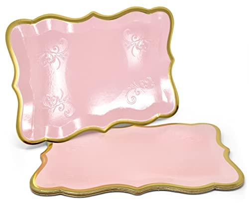 10 Pink Rectangle Trays with Gold Rim Border for Elegant Dessert Table Serving Parties 9" X 13" Disposable Paper Cardboard Platters for Cupcake Display Wedding Baby Shower & Birthday Party Food Safe