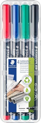 Staedtler 318-WP4 Lumocolor Permanent Universal Pens, Fine Point, 0.6mm, Assorted, 4 per Set
