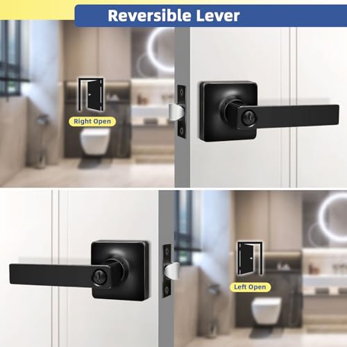 GOBEKOR 1 Pack Interior Privacy Door Handle with Lock Matte Black Door Lever for Bathroom and Bedroom Square Door Handle Indoor Matte Black Reversible Keyless Turn Lock