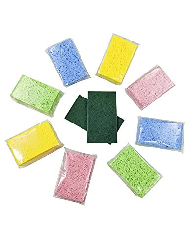 Cellulose Sponges Kitchen, for Washing Dishes, in Bulk, 24 Pack (3 Count x 8 Individually Wrapped + 2 Free Scouring Pads), 100% Natural Biodegradable