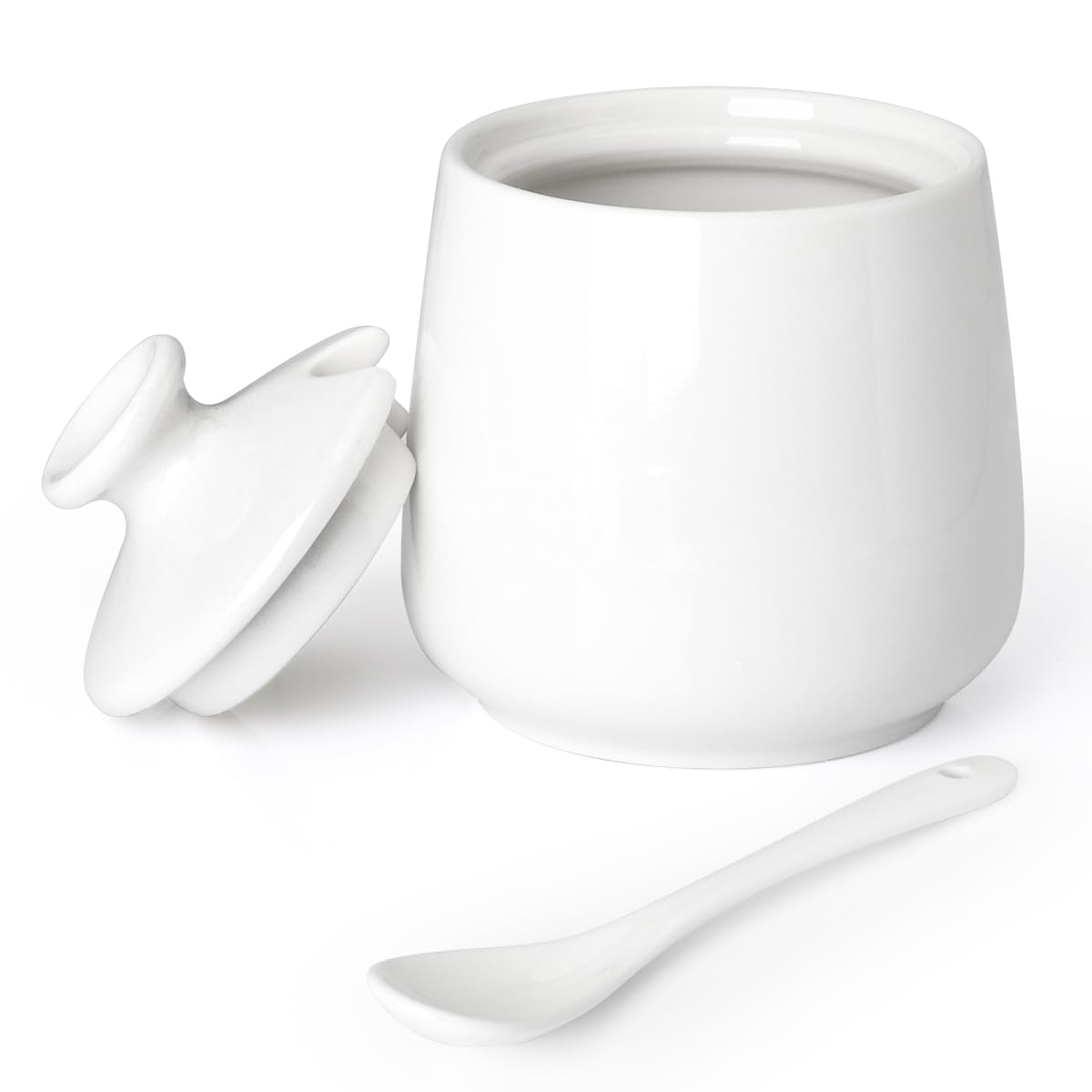 Ceramic Sugar Bowl with Lid and Spoon, Porcelain Salt Storage Jar, White Seasoning Container for Home and Kitchen, 9 Ounces (White)