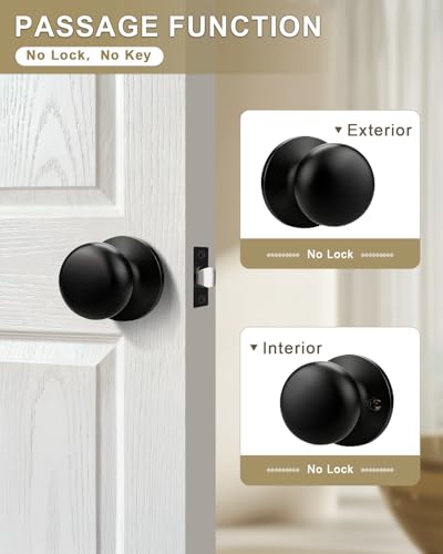 GOBEKOR 1 Pack Matte Black Door Knob Interior, Passage Door Knob Handles Non-Locking, Flat Ball Knob Closet/Hall Doorknob Keyless, Solid Stainless Steel Door Handle Lock, Reversible for Right or Left