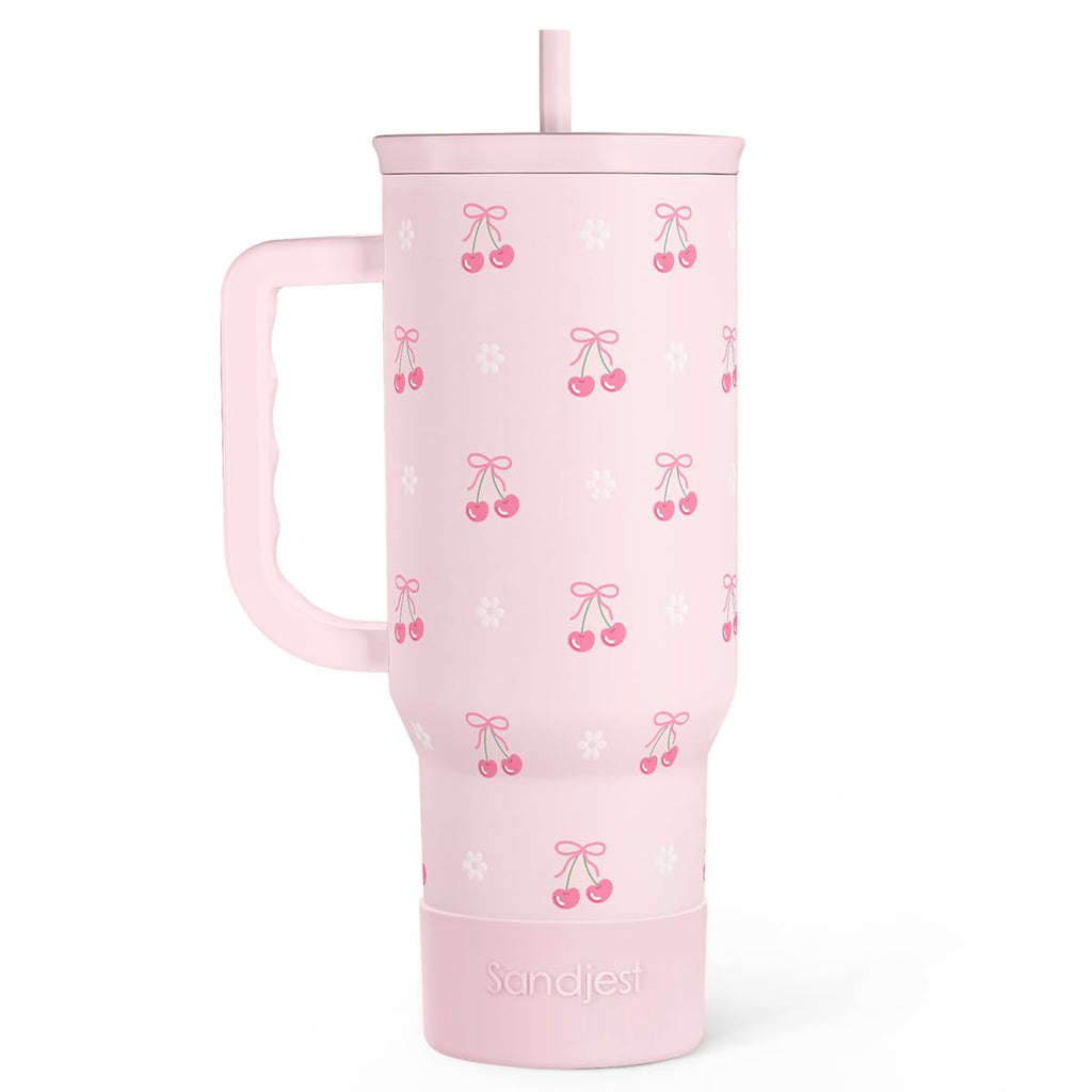 Cherry 40oz Slider Tumbler with Handle and Straw - Insulated Stainless Steel Travel Coffee Mug for Women Girls, Gift for Birthday Christmas