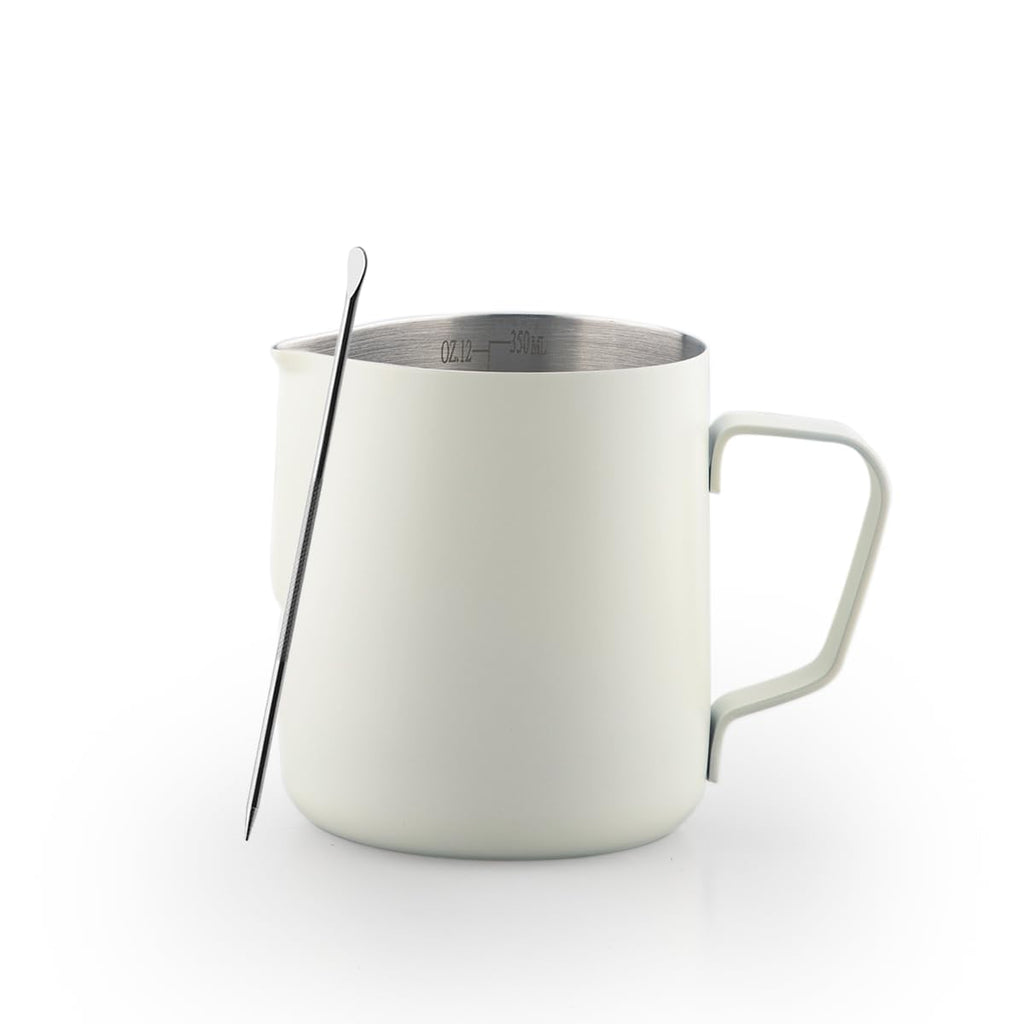 Uhuida Milk Frother Cup, 12oz/350ml Milk Pitcher, Thickened 304 Stainless Steel Milk Frothing Pitcher for Espresso Coffee, Milk(White)