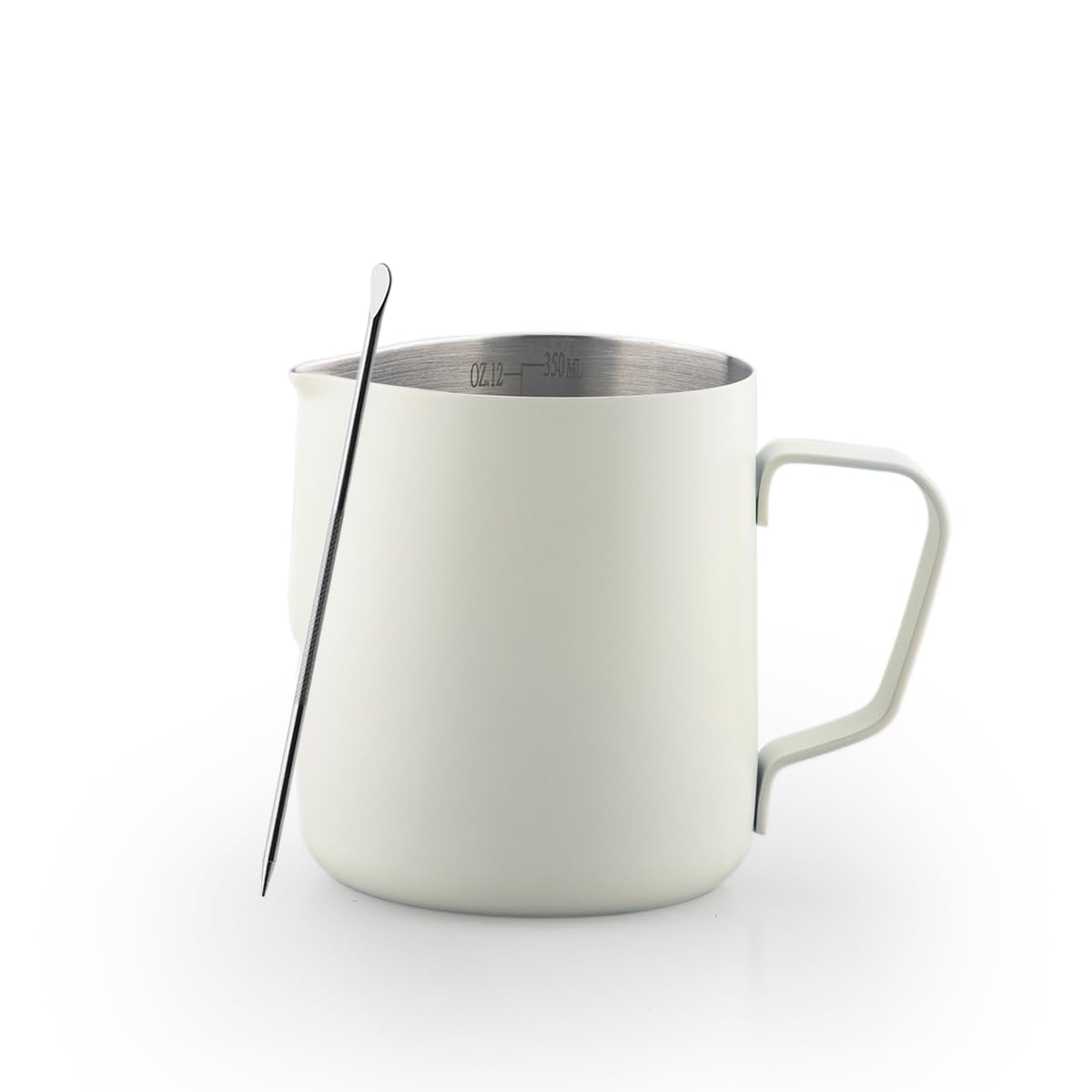 Uhuida Milk Frother Cup, 12oz/350ml Milk Pitcher, Thickened 304 Stainless Steel Milk Frothing Pitcher for Espresso Coffee, Milk(White)