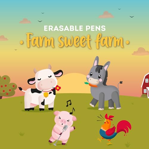 Legami - Set of 4 Farm Sweet Farm Erasable Gel Pens, Pens with Thermosensitive Erasable Ink, Black, Pink, Green, Red, Erases Without Consuming the Sheet, 0.7 mm Tip