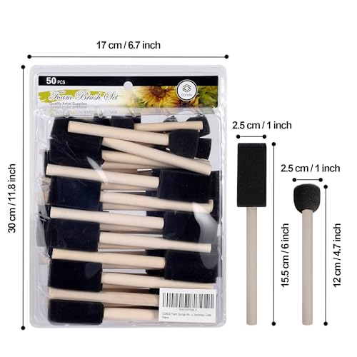 conda 50 Pack 0.5"-2" Different Size Assorted Foam Brush Set Wood Handle Paint Sponges Set- Lightweight, Durable, Paint Brush Set for Acrylics, Stains, Varnishes, Crafts