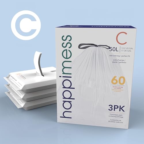 happimess HPM3000C-WHITE 13.2 Gallon Kitchen Drawstring Trash Bags, Trash Can Liner, White, 60-Count, 3-Packs of 20 Liners