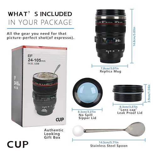 Camera Lens Coffee Mug 350ml Tumbler with Transparent Lid,Black
