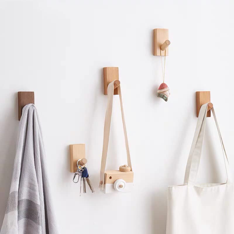HomeDo 4Pack Wood Wall Hooks, Adhesive Hooks Hat Hook, Wooden Coat Hooks Wall Mounted, Entryway Hat Rack, Decorative Hooks Single Organizer Hat Hanger Towel Rack Hook (Rectangle-Beech-4Pack)