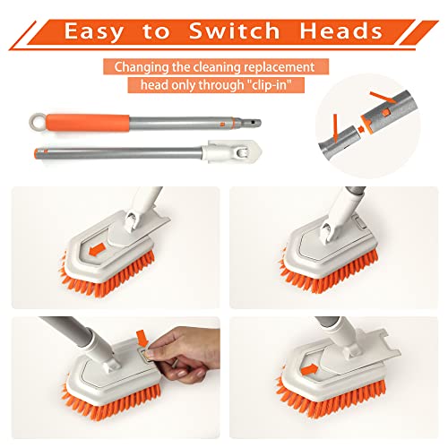 JEHONN Shower Scrubber 2-in-1 Tub and Tile Cleaning Brush with Long Handle, Detachable Stiff Bristle Scrub Brush and Sponge Head for Bathroom, Bathtub, Floor